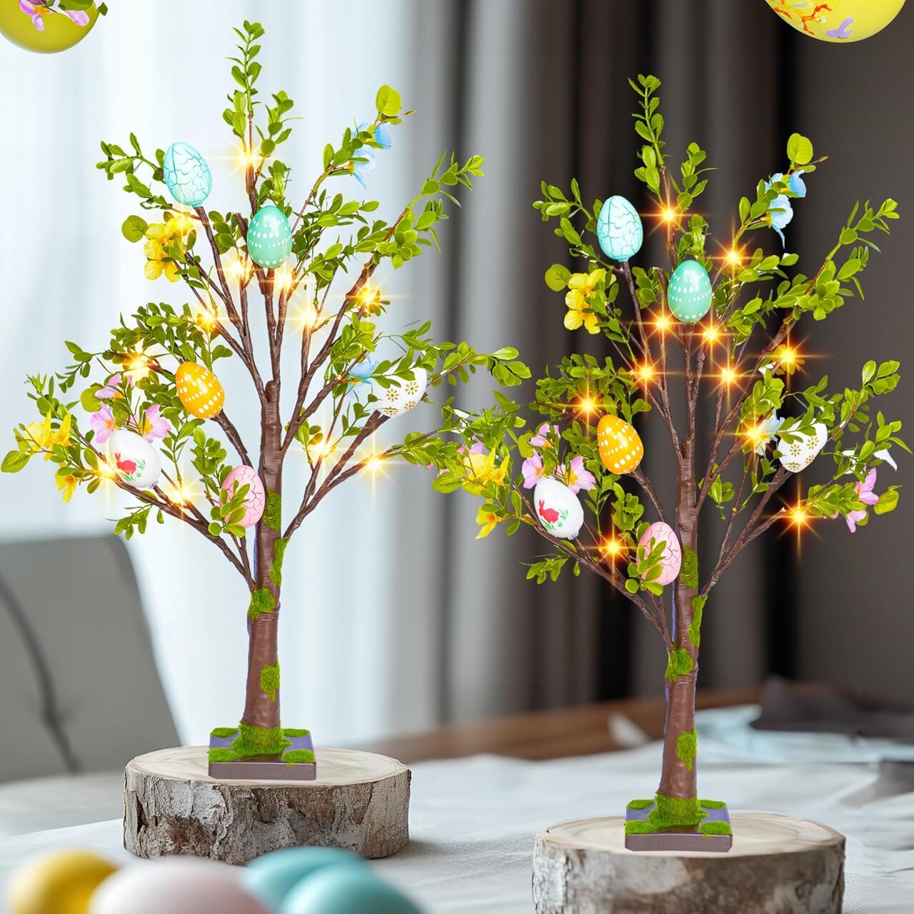 2 Pack Easter Lighted Tree Decoration, 26 Inch 24 LED Battery Operated Pre-lit Egg Tree with Timer